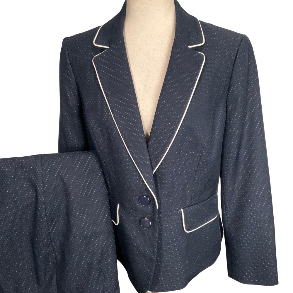 Le Suit Pant Suit Women 12P Navy Blue Diamond Polka Dot Piped Classic Corporate